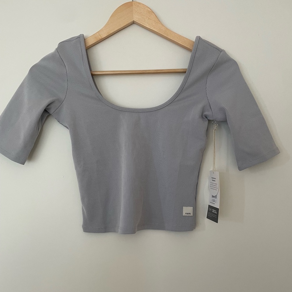 Vuori Striped White and Blue Crop Top